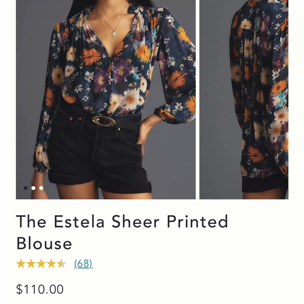 NWT Anthropologie The Estela Sheer Printed Blouse in Navy